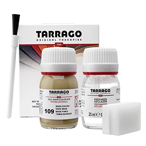 Tarrago Leather Dye Kit with Deglazer and Applicator - Restore & Recolor Shoes, Boots, Purses, Wallets, Jackets, and Furniture - Rich Pigment - 25mL - Dark Beige #109