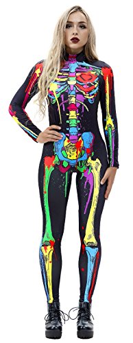JomeDesign Womens 3D Skeleton Halloween Costumes Cosplay Jumpsuit Bodysuit Colorful Skull Small