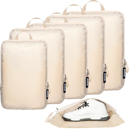 BAGAIL 6 Set Ultralight Compression Packing Cubes Packing Organizer with Shoe Bag for Travel Accessories Luggage Suitcase Backpack(70D,Beige)