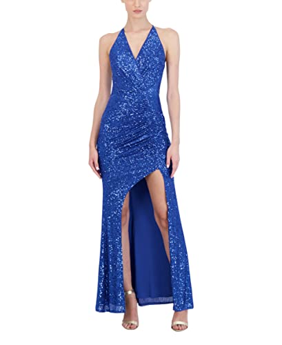 BCBGMAXAZRIA Women's Sleeveless Fit and Flare Long Evening Gown Halter V Neck Open Back Front Slit Dress, Mykonos Blue, Large