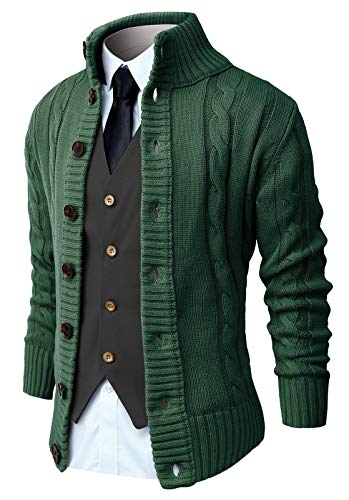 NITAGUT Mens Long Sleeve Casual Slim Fit Cardigan Cable Knitted Sweater Thermal Button Down Closure,Green,Medium