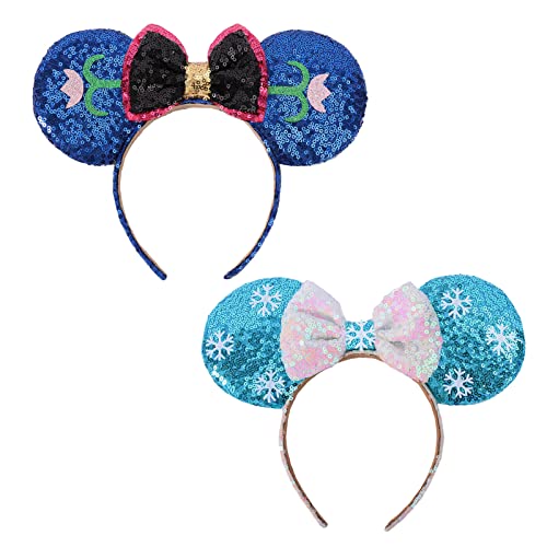 ETLUK Mouse Ears Bow Headbands, 2 PCS Frozen Mouse Ears for Cosplay Costume Princess Elsa and Anna Sequins Headbands for Women, Girls (Blue-White Snow & Blue Purple Flower)