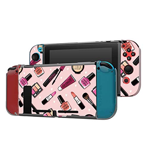 Dockable Case Compatible with Switch Console and Joy-Con Controller, Patterned ( Pink background Nail polish, mascara, lipstick, eye shadows, brush, powder, lip gloss ) Cover with Screen