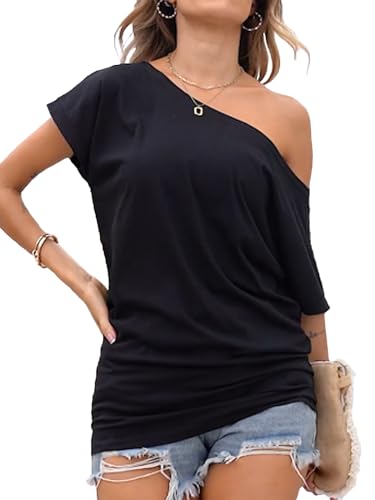 Poetsky Summer Tops for Women Plus Size Off The Shoulder Short Sleeve Tees Tops (XXL, A2 Black)