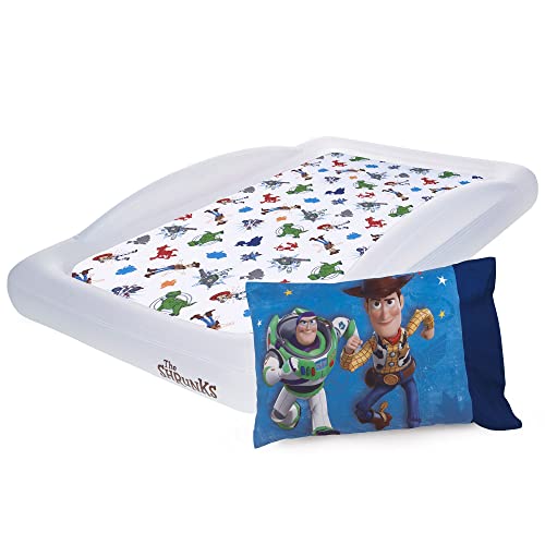 The Shrunks Portable Toddler Travel Bed + Disney Toy Story Sheet Set Bundle | Kids Air Mattress Inflatable Bed with Side Rails, Sheet and Pillowcase Set for Boys Buzz, Woody, Forky, Rex, Duke
