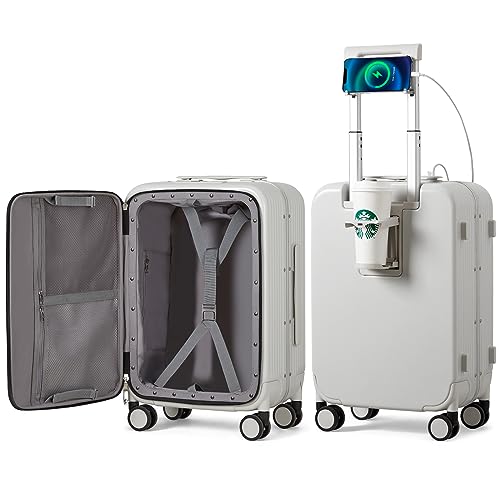 mixi Carry On Luggage with Cup Phone Holder and Charger Hard Shell Suitcases with Spinner Wheels, 20 Inch Smoke White