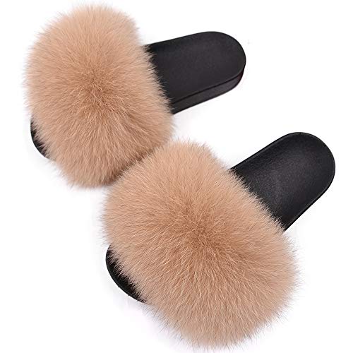 Jancoco Max Real Fox Fur Slides for Women - Furry Slides Fluffy Fur Slippers Open Toe Flat Slides Fur Sandals Outdoor (US 10,Camel)