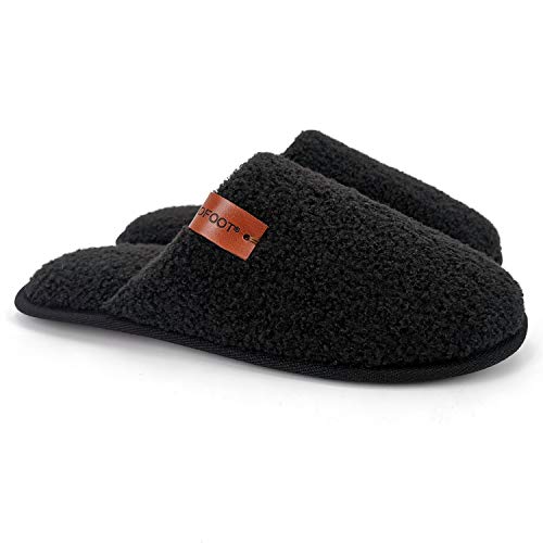 ofoot Mens Comfortable Warm Soft Fuzzy House Slippers Mules,Faux Fur Wool Fleece Lining Memory Foam Insole Non Slip Rubber Soles (Black, US 12-13)