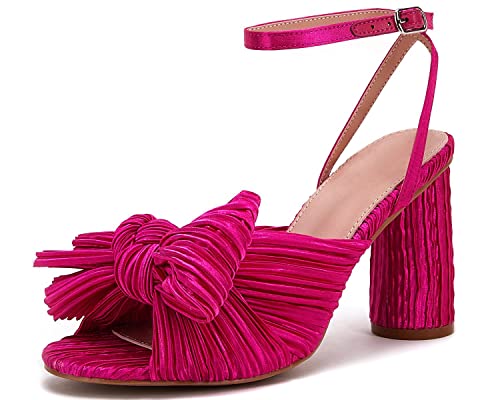 VETASTE Women's Bow Knot Heeled Sandals Bridal Wedding Open Toe Ankle Strap Chunky Heels