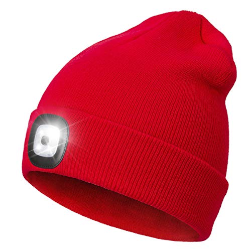 LED Beanie with Light,Unisex USB Rechargeable Hands Free 4 LED Headlamp Cap Winter Knitted Night Lighted Hat Flashlight Women Men Gifts for Dad Him Husband Red