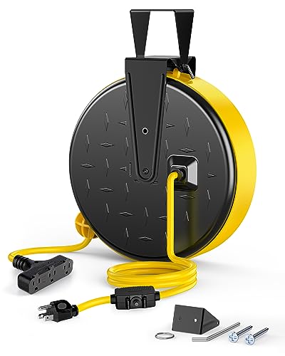 DEWENWILS 30 Ft Retractable Extension Cord Reel, Ceiling/Wall Mount 16/3 Gauge SJTW Power Cord with 3 Electrical Outlets Pigtail for Garage and Shop, 10 Amp Circuit Breaker, Metal Plate, UL Listed
