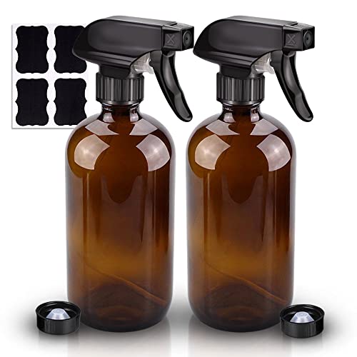 Wedama Amber Glass Spray Bottles, 2 Pack 16oz Glass Spray Bottles for Cleaning Solutions and Essential Oils, Refillable Empty Spray Bottle with Adjustable Nozzles for Alcohol, Plant and Hair Care