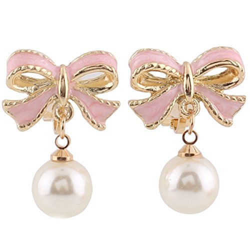 GRACE JUN Pink Bowknot Shape Clip on Earrings Without Piercing for Women Pearl Drop Earrings(Pink Bowknot Clip-ons)