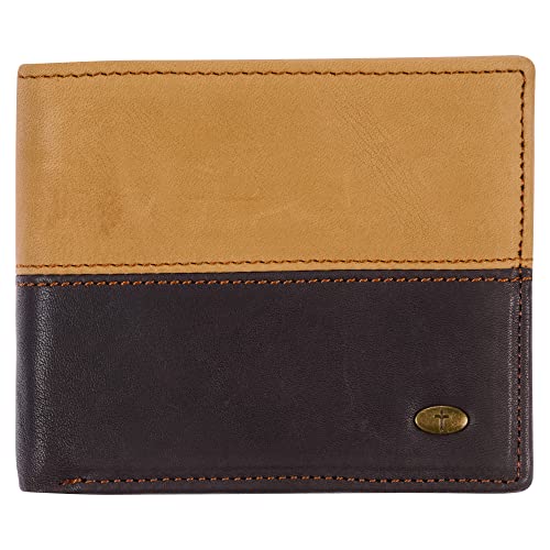 Christian Art Gifts Genuine Classic Full-grain Leather Bi-fold Wallet for Men w/Cross Emblem - RFID Blocking Credit Card, ID, Multi-purpose slots, Zip Interior Pocket for Change & Bills, Brown & Tan
