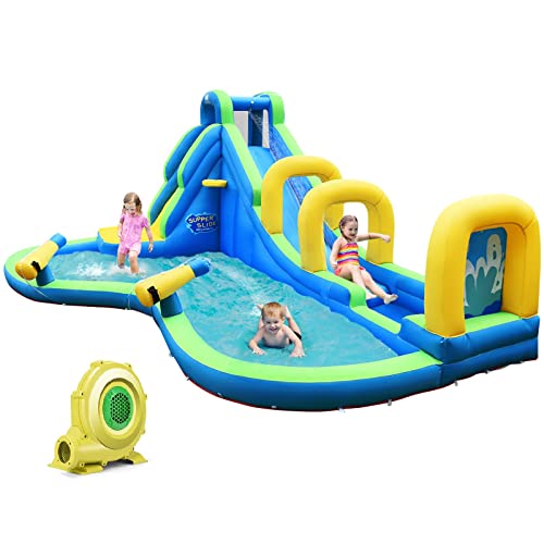 BOUNTECH Inflatable Water Slide, 16x12FT Mega Waterslide Park for Backyard w/Adventure Long Slide, Big Splash Pool, 750W Blower, Blow up Water Slides Inflatables for Kids Adults Outdoor Party Gifts