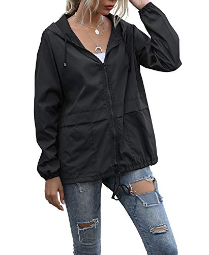 PESION Women Lightweight Waterproof Hiking Jacket Windbreaker Rain Jacket Black Raincoat Outdoor Jacket Black L