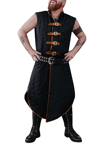Runcati Men's Padded Gambeson Vest Sleeveless Aketon Armor Medieval Knight Surcoat Halloween LARP Costume Dress Black