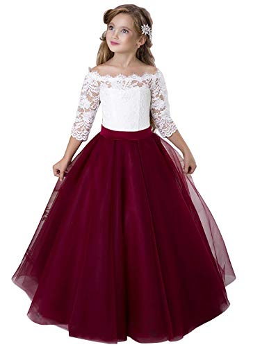 Flower Girl Dress Kids Lace Pageant Party Christmas Ball Gown Dresses Burgundy Size 8