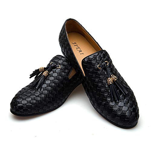 Men's Vintage Velvet Embroidery Noble Loafer Shoes Slip-on Loafer Smoking Slipper Tassel Loafer, Black/01, 9 US