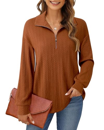 Timeson Tops for Women 2023,Work Shirts for Business Casual Office Blouses Career Attire Fashion Fall Outfits Winter Tunics Sweaters Quarter Zip Trandy Sweatshirts for Women Loose Fit Caramel XL