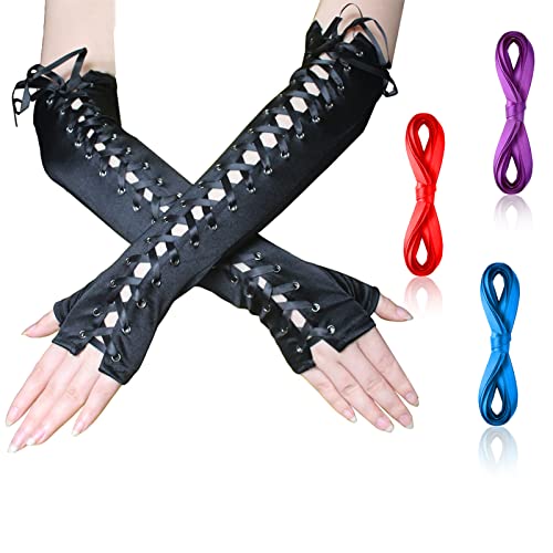 Lace Up Fingerless Gloves Elbow Gloves Goth Punk Arm Warmer Cosplay Assecories for Women (Style B) One Size