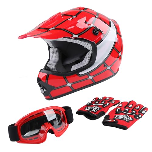 TCT-MOTORPARTS DOT Youth Kids Motocross ATV Helmets Offroad Street Dirt Bike Go-Kart BMX MX Full Face Helmet Red Spider Large Size