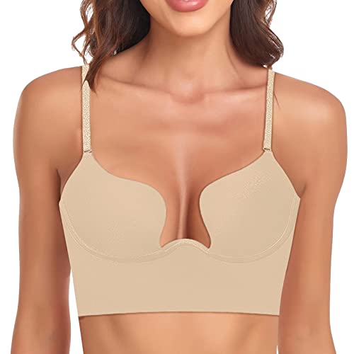 Backless Bra for Women Push Up Deep Plunge Bra U Shape Underwire Bras Multiple Convertible Strap Seamless Low Back Bra