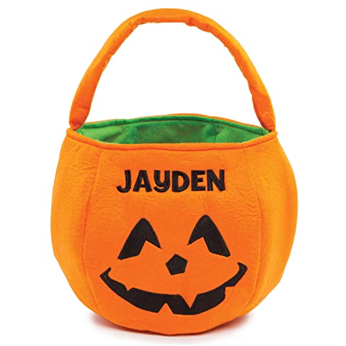 Personalized Planet Pumpkin Halloween Trick or Treat Bucket Bag | Custom Name Embroidered on Plush Candy Basket for Kids | Costume Accessory