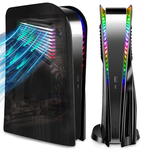 SIKEMAY PS5 Plates Console Accessories with Cooling Vent and RGB LED Light Strip for Playstation 5 Disc Edition, PS5 Cover Face Plates Hard Shockproof Side Shell Skin, 8 Colors 400 Effects - Black