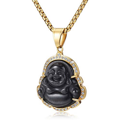 WESTMIAJW Lucky Laughing Black Buddha Pendant Chain Necklaces Amulet Jewelry for Men Women Boys 60cm