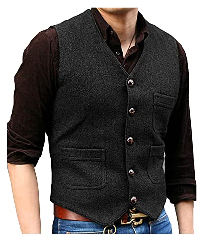 SOLOVEDRESS Mens Vintage Tweed Suit Vest V Neck Casual Wool Waistcoat for Wedding Groomsmen(Black,L)