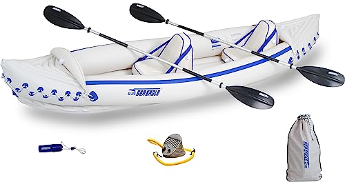 Sea Eagle 370K Pro 3-Person Inflatable Outdoor Water Sports Kayak Canoe Boat with Paddles, Adjustable Seats, Foot Pump, and Carrying Bag, White