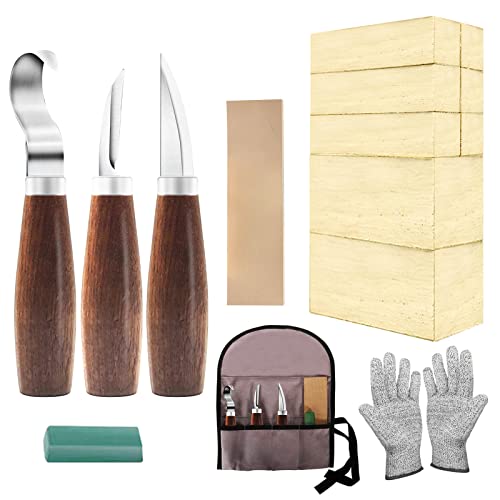 Wood Whittling Kit with Basswood Wood Blocks Gifts Set for Adults and Kids Beginners, Wood Carving Kit Set includes 3pcs Wood Carving Knife & 8pcs Blocks & Gloves for Widdling Kit