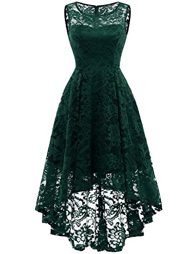 MUADRESS Women's Elegant Floral Lace Dress Sleeveless Crew Neck Hi-Lo Cocktail Dress for Evening Party Green S