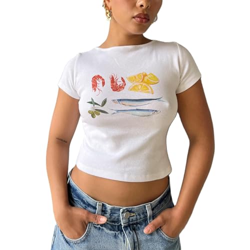 Women's Short Sleeve Y2K White Baby Tees E-Girls Cute Graphic Print Crop Tops Slim Fit T Shirts Retro Vintage Aesthetic 90s Fashion Clothes