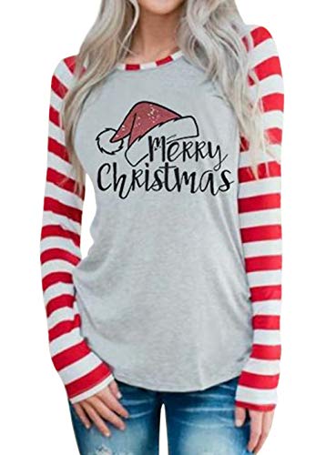 Christmas Shirt Women Merry Christmas Shirts Funny Santas Hat Crewneck Striped Splicing Long Sleeve Xmas Holiday Tops Grey