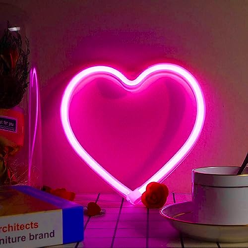 Pink Heart Neon Sign, LED Light Battery Operated or USB Powered Decorations Lamp, Table and Wall Decoration Light for Girl's Room Dorm Wedding Anniversary Valentines Day Birthday Party Home Décor