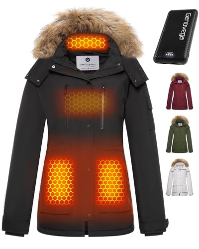 Women Puffer Graphene Heated Jacket Rechargeable 7.4V Battery Pack Charger Included Lady Electric Warming Winter Down Long Coat USB Heating Apparel Clothes Hoodie Motorcycle Rain Insulated Warm Black