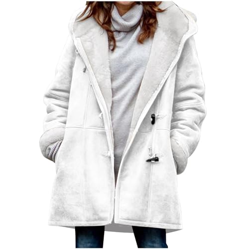 Womens Coats Winter with Hood Fashion Hron Buttons Jacket Fuzzy Fleece Lined Outerwear Warm Pea Coat with Pockets