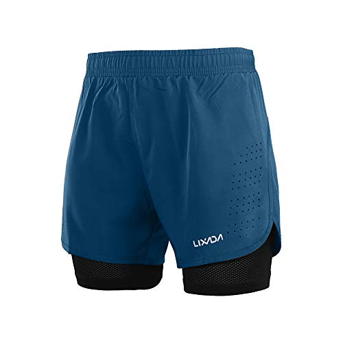 Lixada Men's 2-in-1 Running Shorts Quick Drying Breathable Active Training Exercise Jogging Cycling Shorts with Longer Liner & Reflective Elements, Black/Blue/Green/Grey (Dark Blue, L)