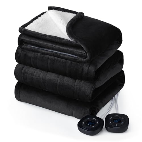 Bedsure Flannel Electric Blanket Queen - Flannel Heated Blanket with 10 Heat Settings, Heating Blanket with 10 Time Settings, 8 hrs Timer Auto Shut Off, and Dual Control (84x90 inches, Black)