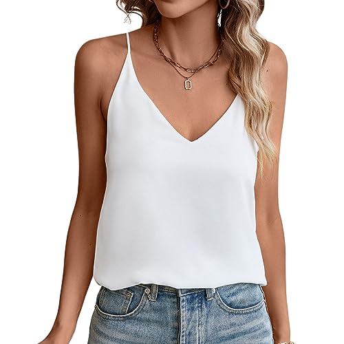 Evera B Womens V Neck Spaghetti Strap Tank Tops Dressy Casual Camisole Blouses Sleeveless Loose Cami Tank Shirt (Medium, Adj Strap Off Wht)