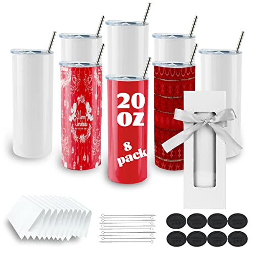 8 Pack Straight Sublimation Tumblers bulk 20 oz Skinny,Stainless Steel Double Wall Insulated Tumbler Cups Blank White with Lid, Straw, Individually Boxed,Polymer Coating for Heat Transfer