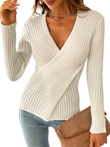 CUPSHE Womens Sweaters Sexy V Neck Long Sleeve Wrap Cable Knit Fall Fashion Tops Cream White, M