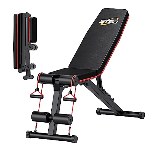 STBO Adjustable Weight Bench,Foldable Incline Decline Sit Up Bench with Resistance Band,Exercise Workout Bench for Home Gym