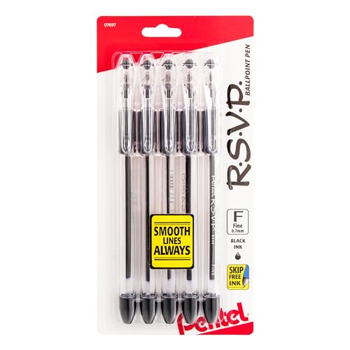 Pentel R.S.V.P. Ballpoint Pens, Fine Point, 0.7 mm, Clear Barrel, Black Ink, Pack Of 5