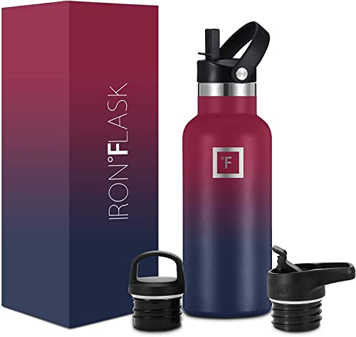 IRON °FLASK Sports Water Bottle - 16 Oz - 3 Lids (Narrow Straw Lid) Leak Proof Vacuum Insulated Stainless Steel - Hot & Cold Double Walled Insulated Thermos, Durable Metal Canteen