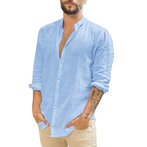 Mens Cotton Linen Shirt Button Down Solid Plain Long Roll Up Sleeve Hawaii Shirts Breathable Casual Holiday Beach Vacation Summer Shirt Mens Button Down Shirt Casual Mens Slim Fitted Linen Shirt