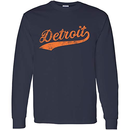 UGP Campus Apparel Detroit City Baseball Script - Hometown Pride, Pitcher Long Sleeve T Shirt - Medium - Navy