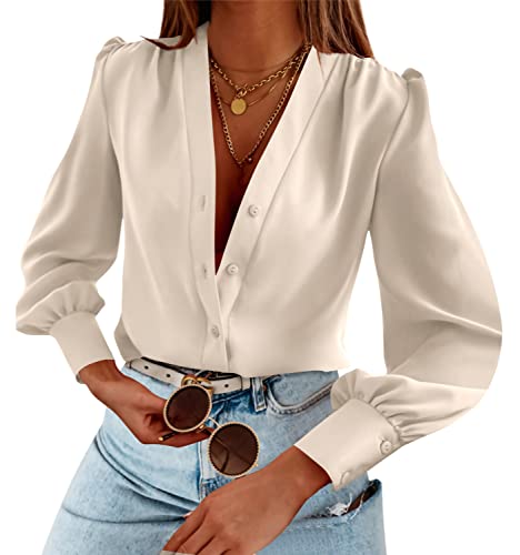 Women's Business Casual Tops Summer Long Sleeve Silk Button Down Shirts V Neck Chiffon Blouses A-Beige